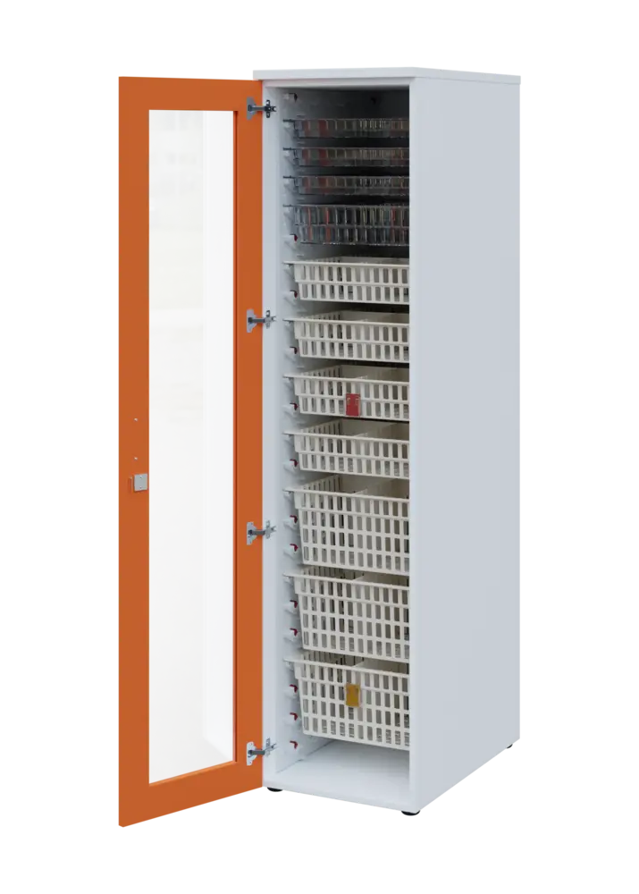 EUROMEDICA S - 46 skříň léková boxová, 1-dveřová/prosklená, levá, 1950x460x735, korpus bílý, dvířka mandarinka